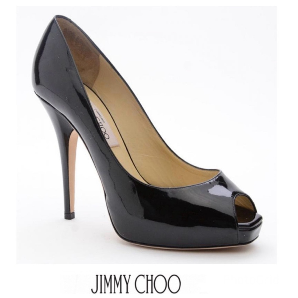 JIMMY CHOO Comet Black Patent Leather Peep Toe Slip On Pumps Heels Sz 37 1/2